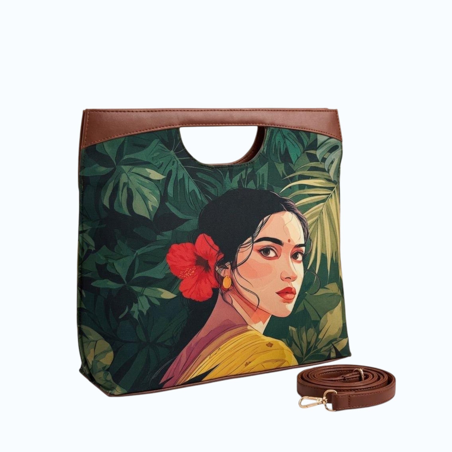 My Store K/C The Cut satchel handbag featuring a vibrant artistic portrait print with faux leather trim and sling strap.