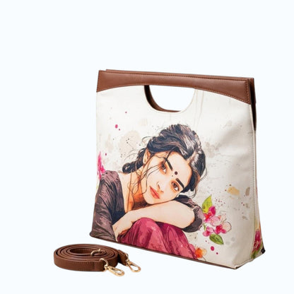 My Store K/C The Cut Satchel handbag featuring a vibrant artistic illustration, brown faux leather trim, and sling strap