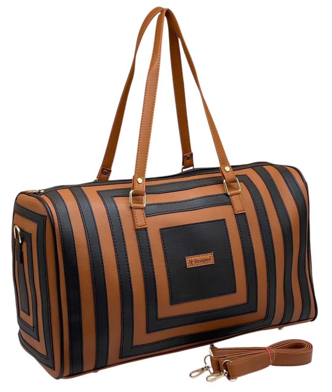 My Store NE Designer faux leather travel duffel bag in tan and black geometric stripes with gold-tone hardware.