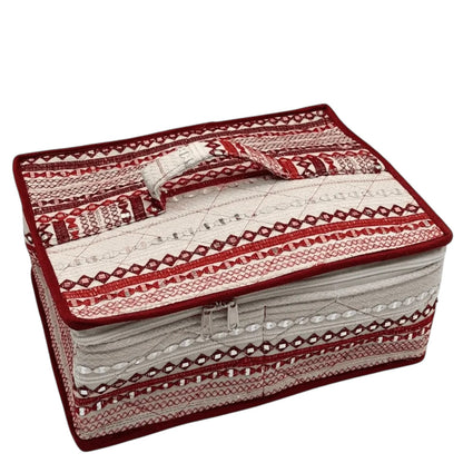 My Store rectangular vanity storage case with red and cream embroidery, mirror-work, and a sturdy top handle.