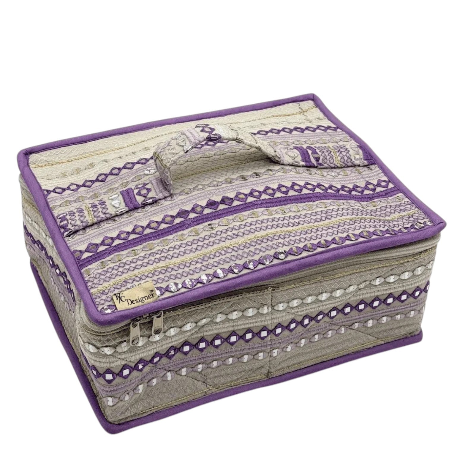 My Store rectangular vanity storage case with purple trim, intricate embroidery, and decorative mirror-work accents.