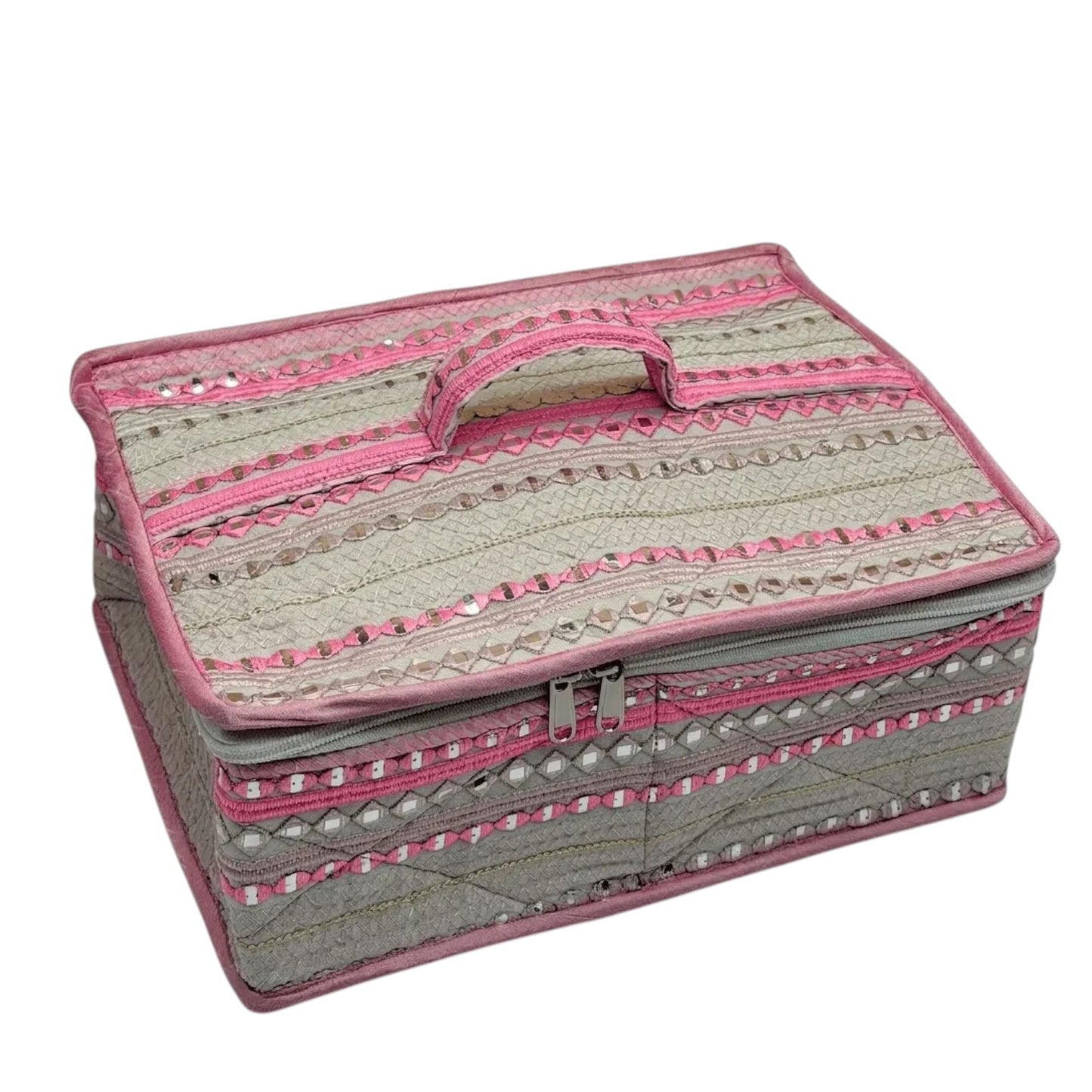 My Store rectangular vanity storage case in neutral fabric with pink trim, intricate embroidery, and mirror-work detail.