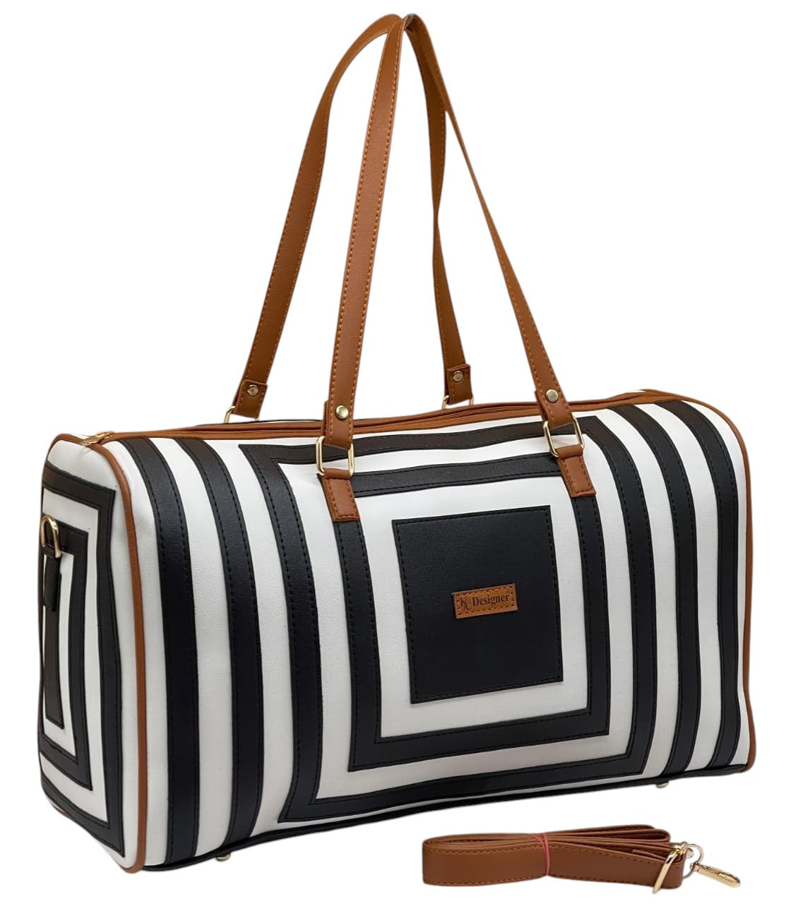 My Store large faux leather travel duffel bag with black and white geometric stripes and tan handles.