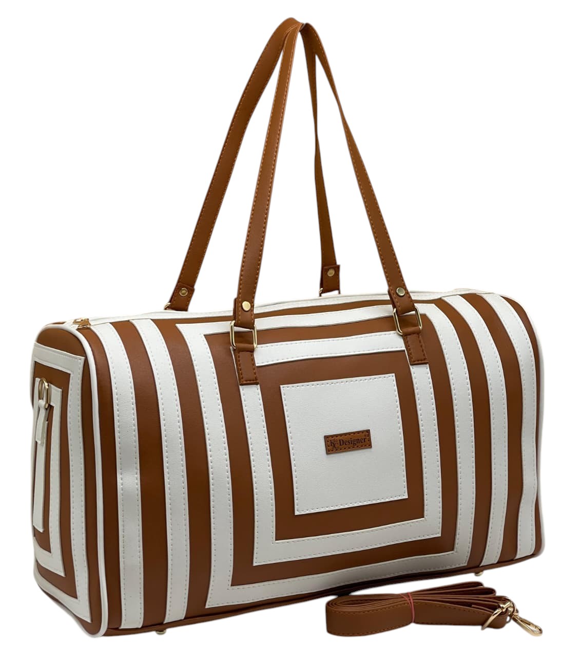 My Store large faux leather travel duffel bag with a tan and white geometric striped pattern and gold-tone hardware.