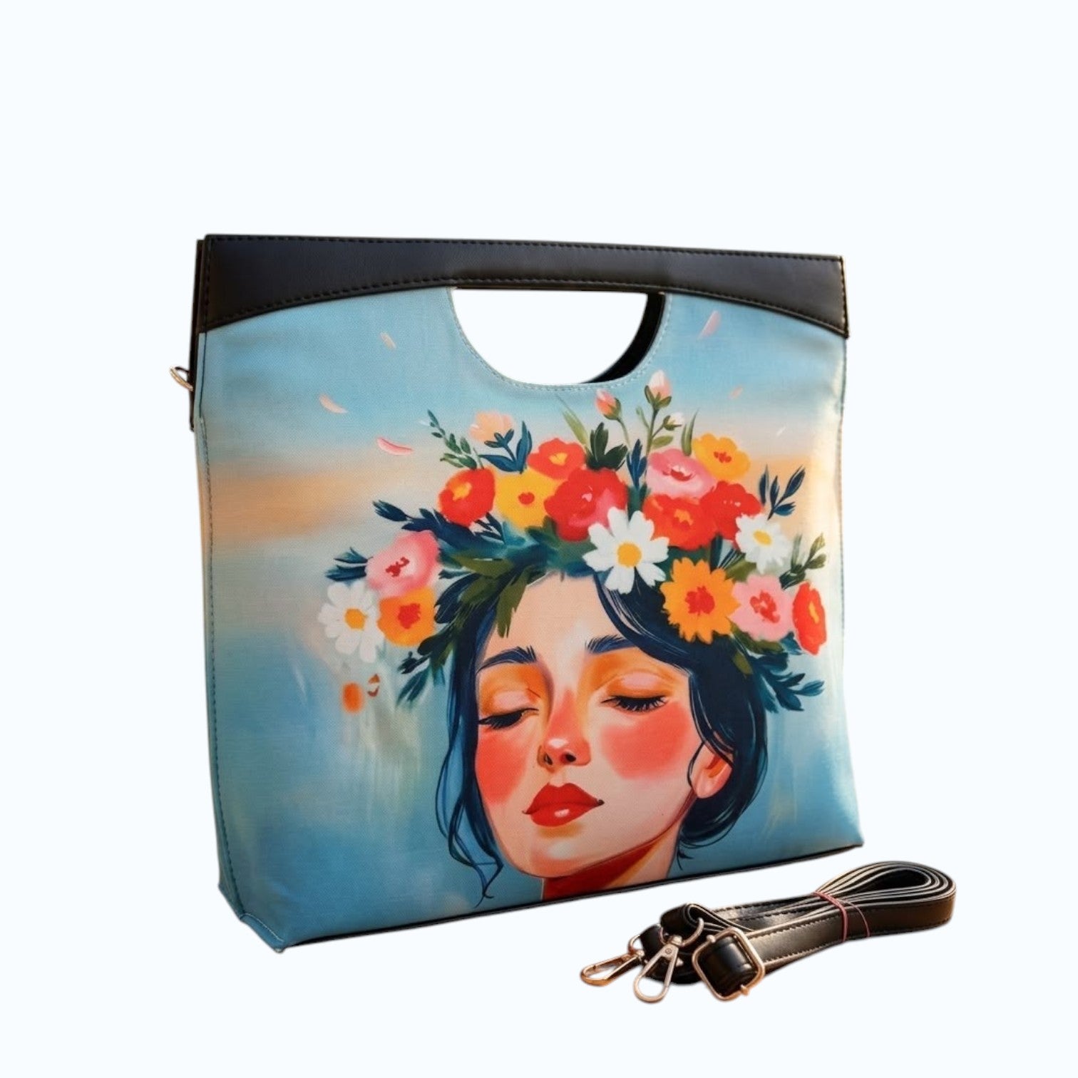 My Store K/C Cut Satchel handbag featuring a vibrant floral woman illustration, faux leather trim, and sling strap.