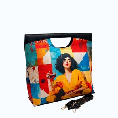 My Store K/C Cut Satchel handbag featuring a vibrant artistic print of a woman with a glass of wine on faux leather.