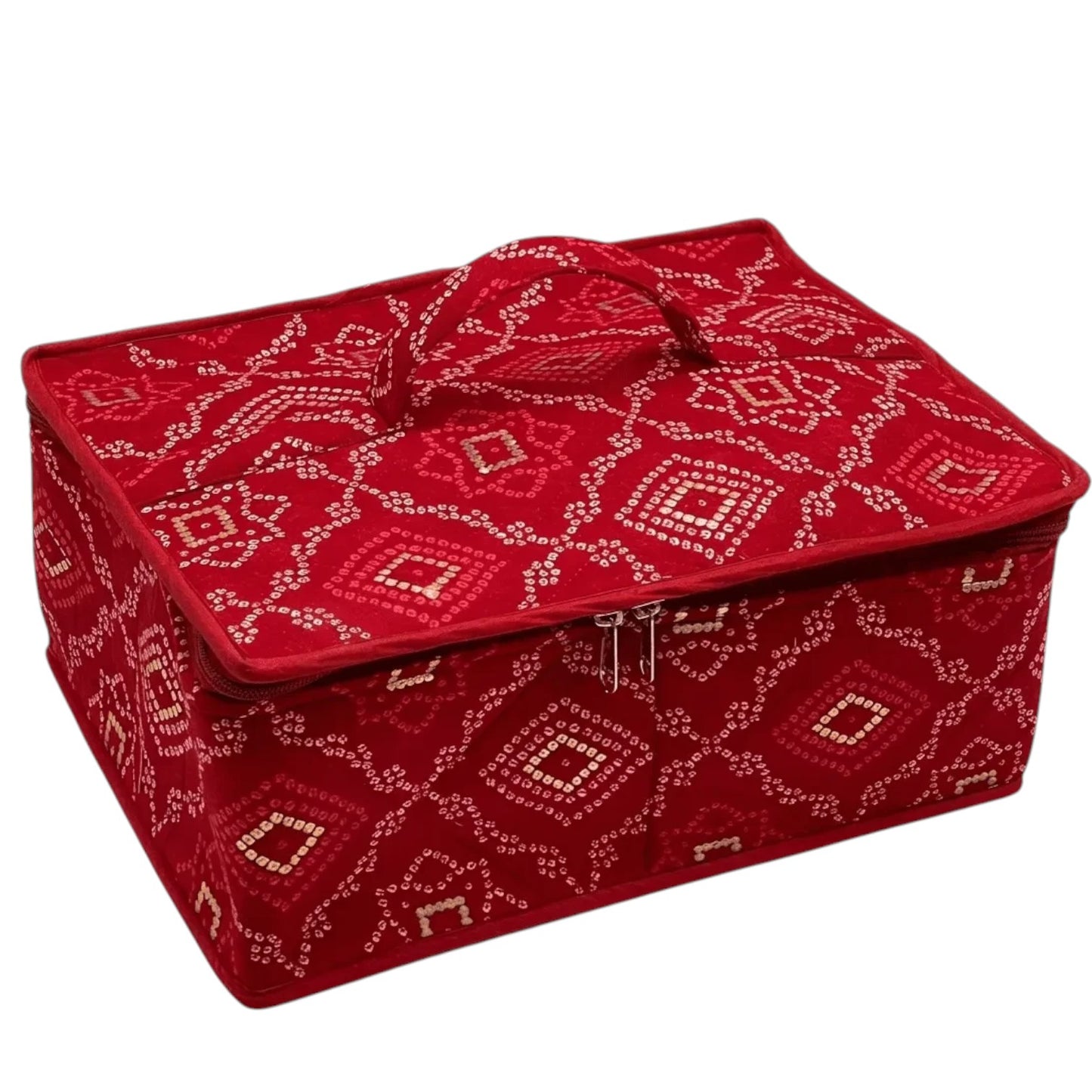 My Store rectangular vanity storage case in red fabric with intricate white geometric embroidery and a top handle.