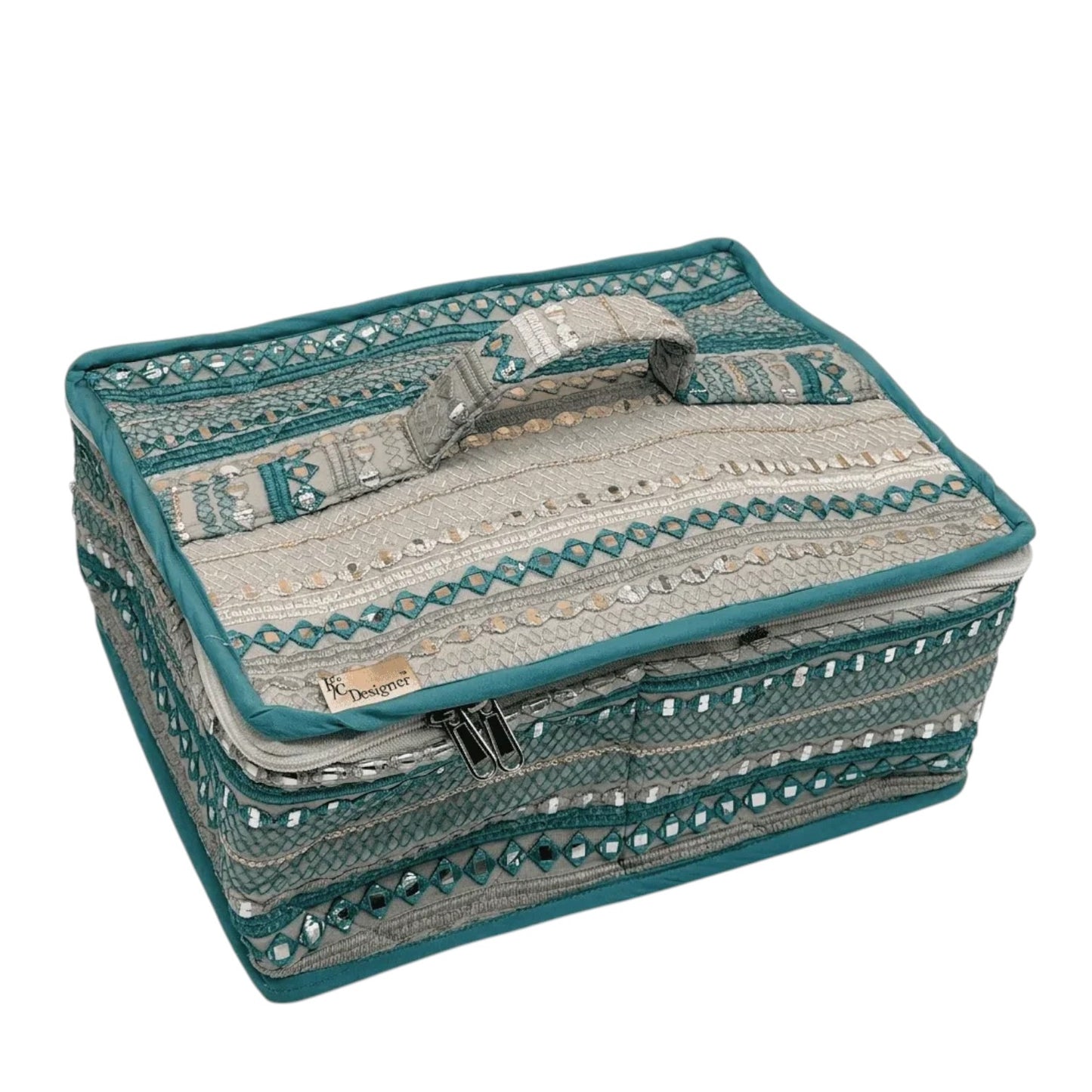 My Store rectangular vanity storage case in teal and grey fabric with intricate embroidery and mirror-work detailing.